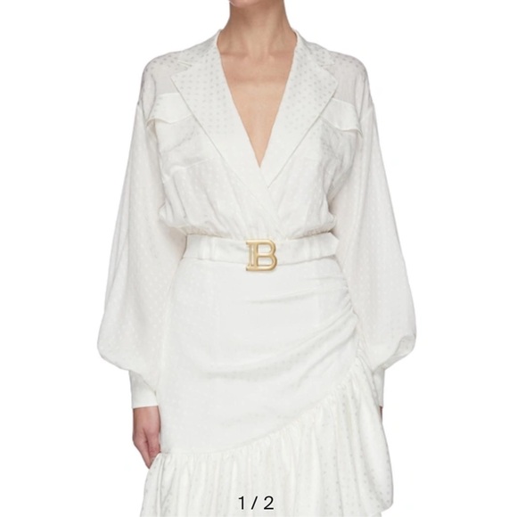 Balmain Rare Logo Plaque Belt Tonal Polka Dot Ruffle Hem Dress In White